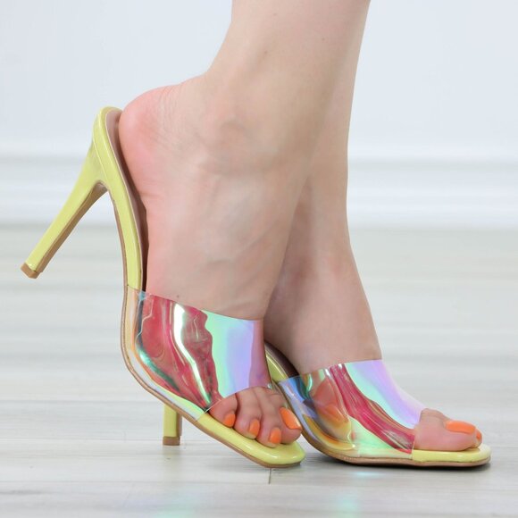 High Heel Sandals Square Open Toe Slip On Mules Stiletto's Clear Mirage Yellow - Picture 5 of 12